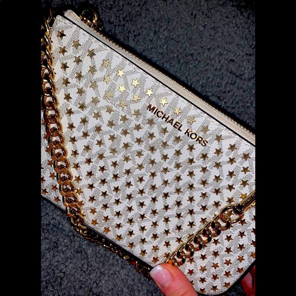 Michael Kors small white clutch with gold chain